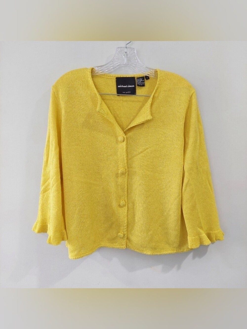 Michael Simon Cardigan Vintage Yellow Large 3/4 Sleeve Covered Buttons Button-up